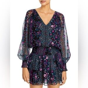 EUC Ramy Brook Logan Floral Long Puff Sleeve 100% Silk Mini Dress!
